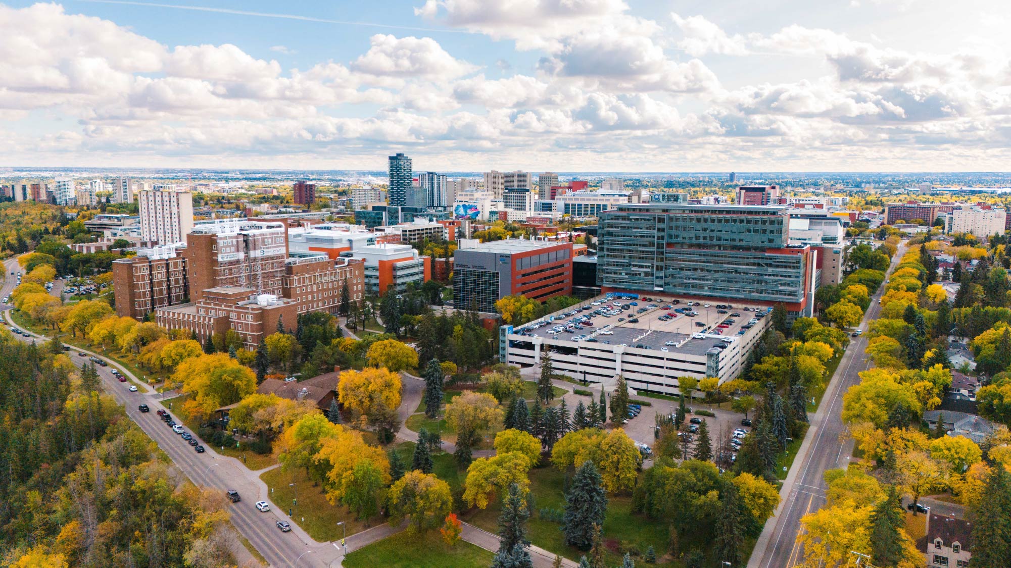 An aerial view of the University of Alberta's North Campus shot from the North Saskatchewan River.