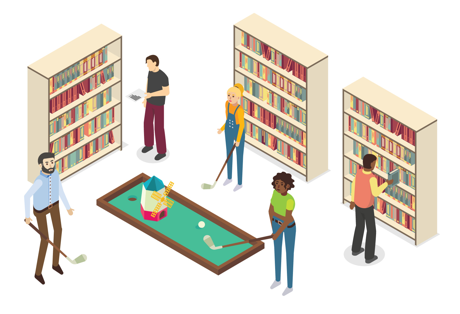Illustration of people playing minigolf in a library