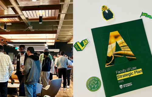 The covers of the Faculty of Law strategic plan is shown on the right while people mingling in the law lounge are shown on the left