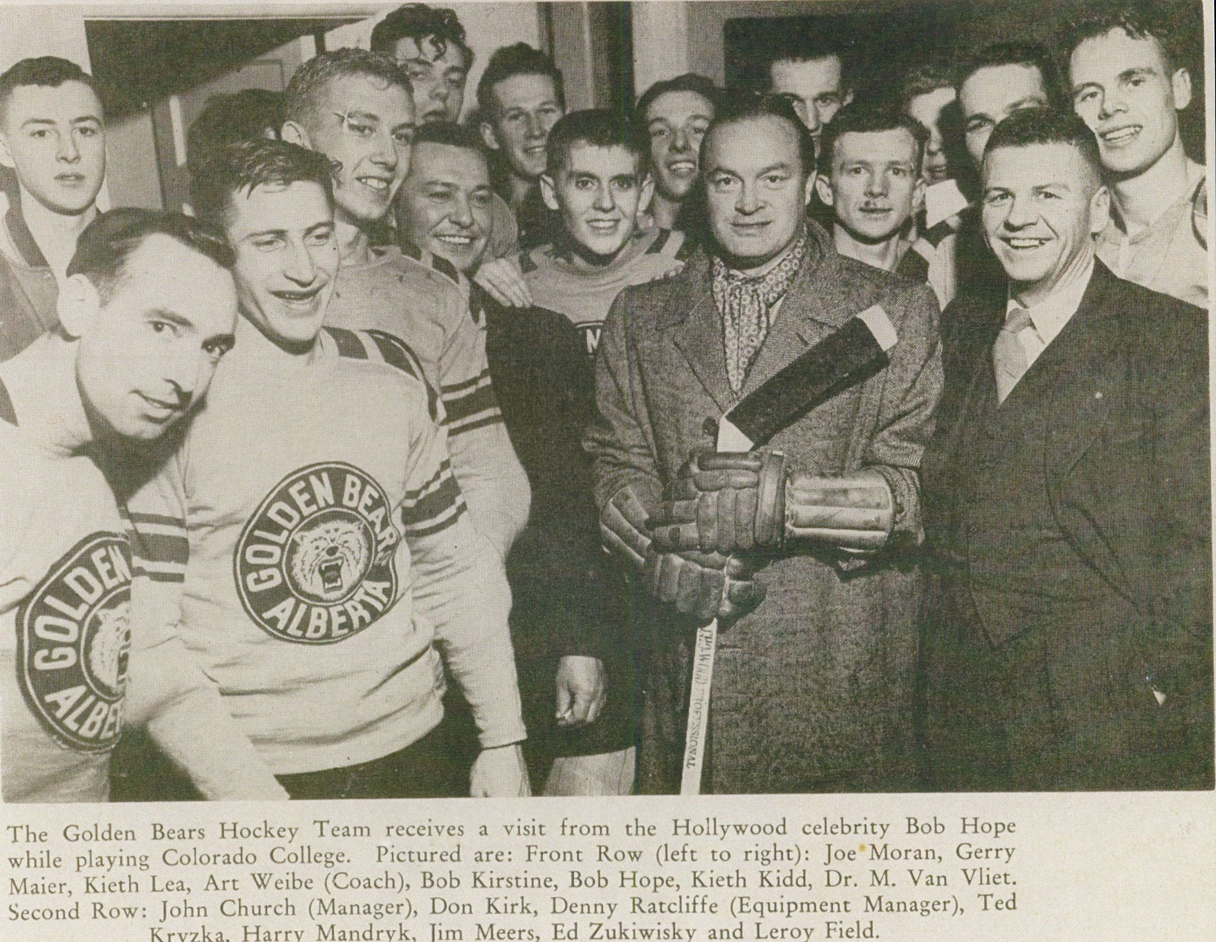 Gerry Maier (front row, second from left) with the U of A Golden Bears hockey team during a visit from Hollywood entertainer Bob Hope in the late 1940s.