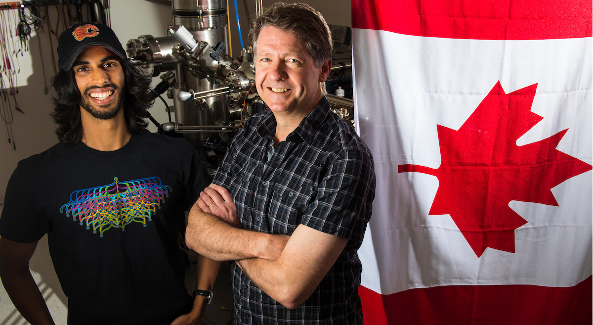 PhD student Roshan Achal (L) and his supervisor, UAlberta physics professor Robert Wolkow (R) have created a maple leaf 10,000 times smaller than the diameter of a human hair using scanning tunneling microscopy, a technique the scientists have perfected with major implications for future technology. 